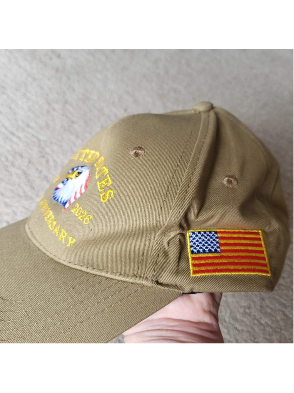 Men’s 250th Anniversary USA Hat – Patriotic Embroidered Baseball Cap – Khaki–NIP - Picture 10 of 11